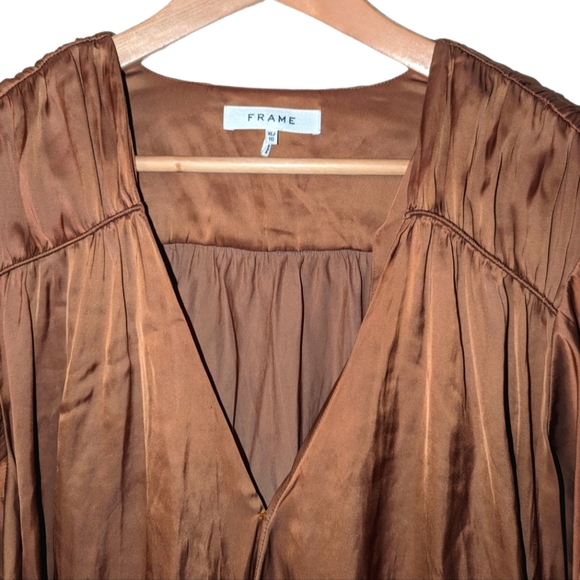 Frame Denim Satin Balloon Long Sleeve Wrap Front Blouson V-Neck Blouse Bronze XL - Picture 6 of 13
